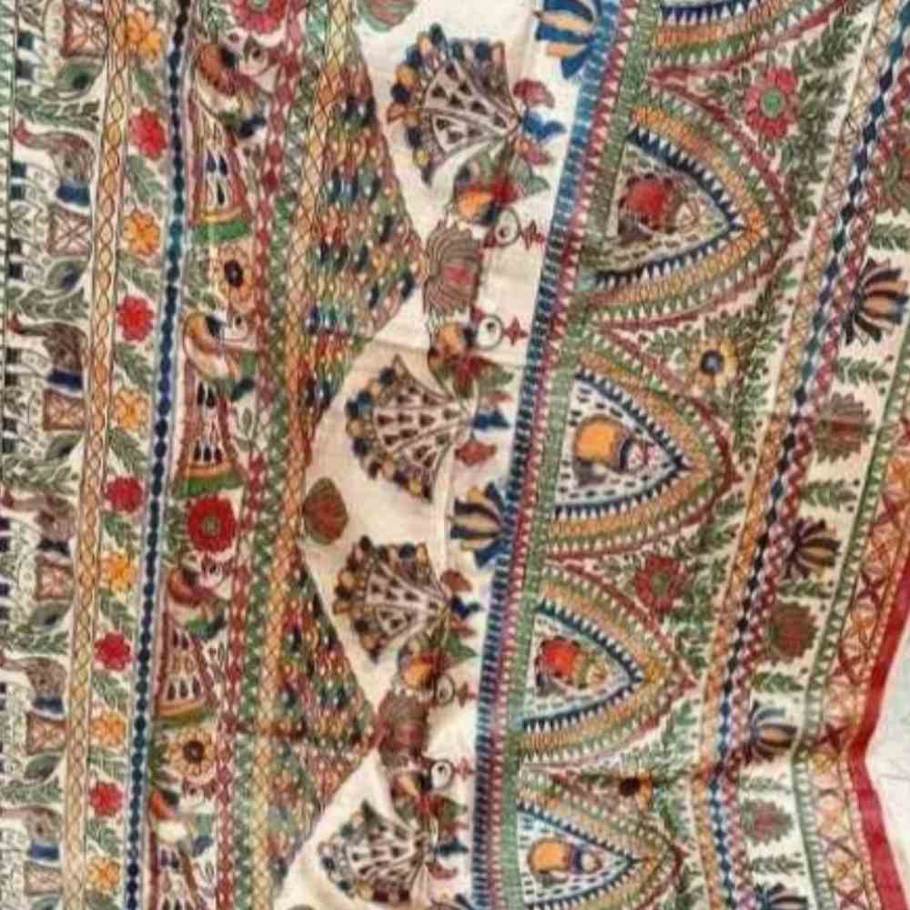 Tussar Saree with Madhubani Bride, Doli, and Kaahar Painting